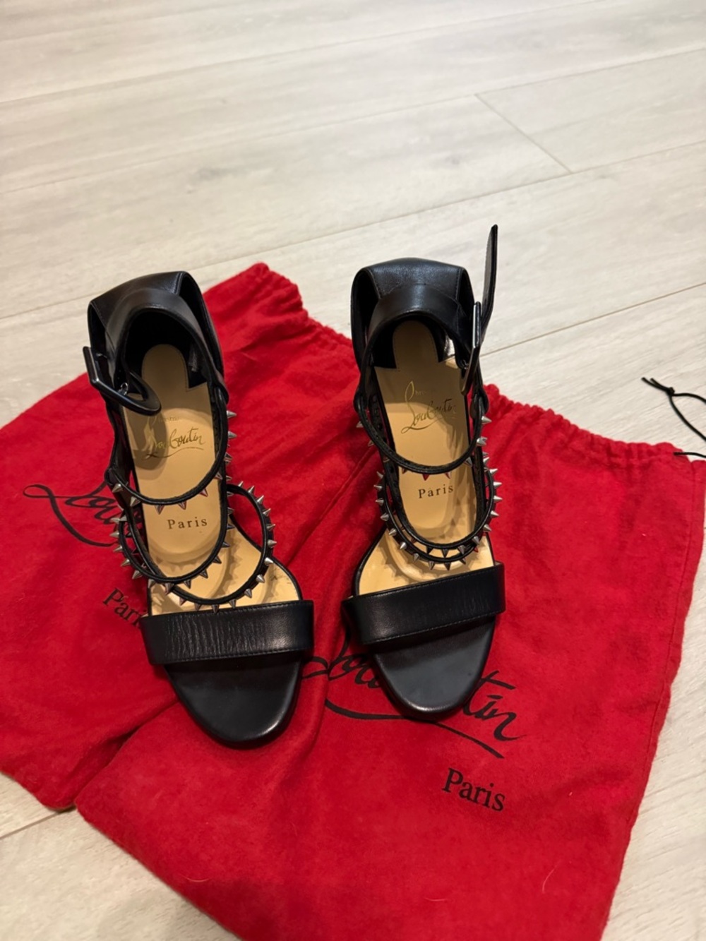 Christian Louboutin Black Leather Spike-Strap Sandals
